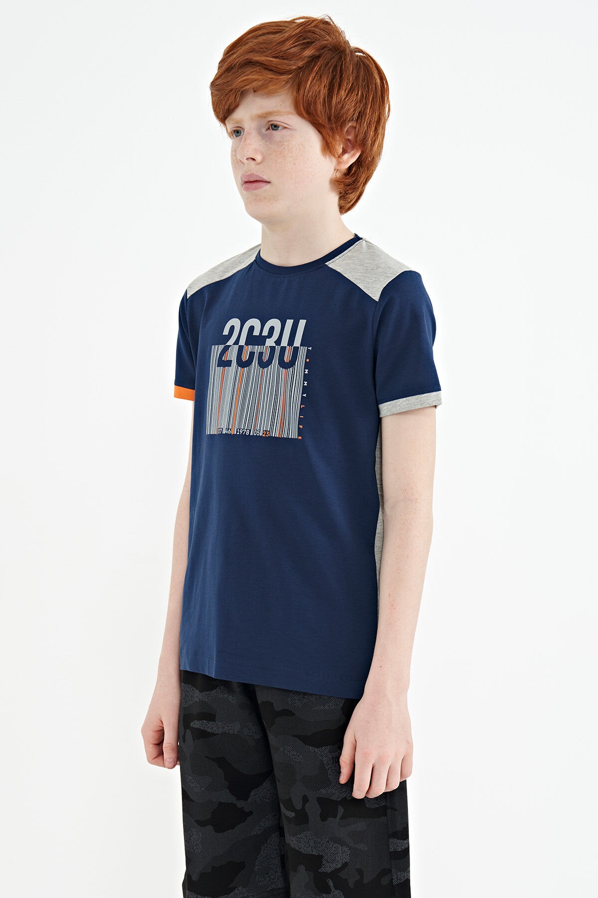 Indigo Print Detailed O Collar Standard Cut Boys' T-Shirt - 11157