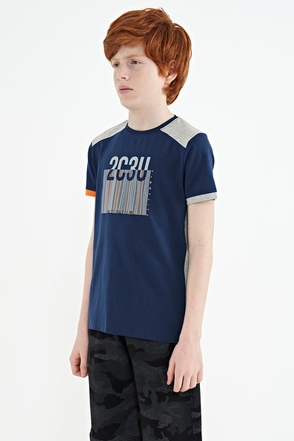 Indigo Print Detailed O Collar Standard Cut Boys' T-Shirt - 11157