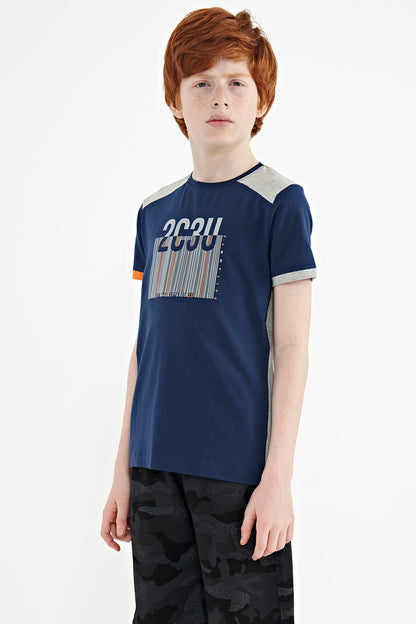 Indigo Print Detailed O Collar Standard Cut Boys' T-Shirt - 11157