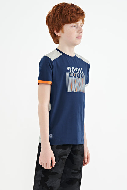 Indigo Print Detailed O Collar Standard Cut Boys' T-Shirt - 11157