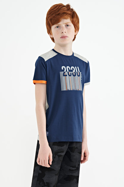 Indigo Print Detailed O Collar Standard Cut Boys' T-Shirt - 11157