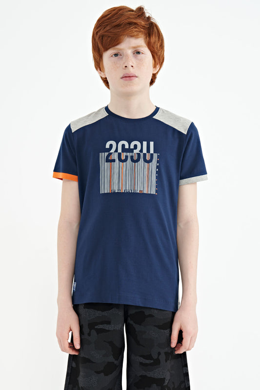 Indigo Print Detailed O Collar Standard Cut Boys' T-Shirt - 11157