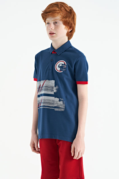 Indigo Print Detailed Polo Collar Standard Fit Boys' T-Shirt - 11094