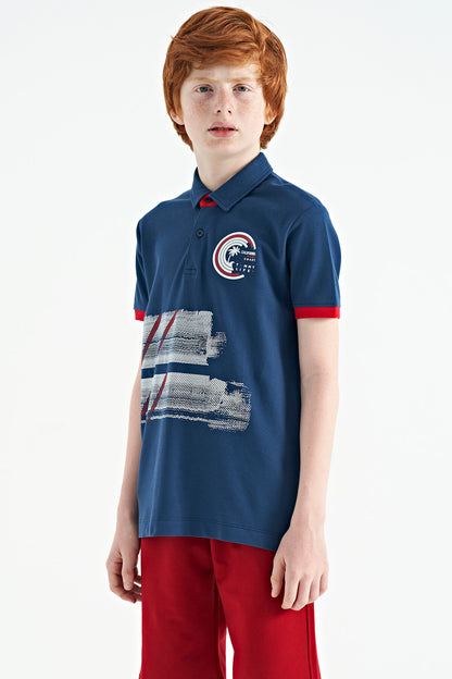 Indigo Print Detailed Polo Collar Standard Fit Boys' T-Shirt - 11094