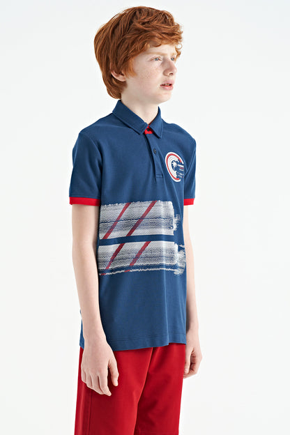 Indigo Print Detailed Polo Collar Standard Fit Boys' T-Shirt - 11094