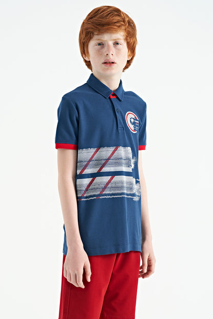 Indigo Print Detailed Polo Collar Standard Fit Boys' T-Shirt - 11094