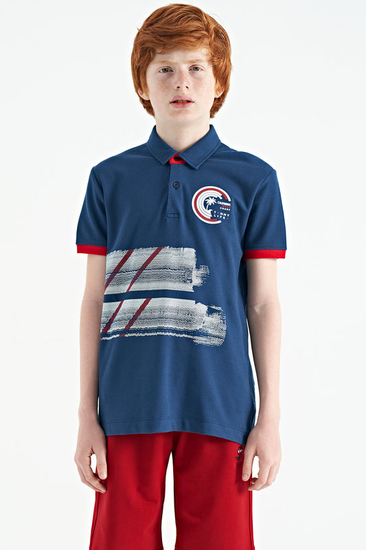 Indigo Print Detailed Polo Collar Standard Fit Boys' T-Shirt - 11094