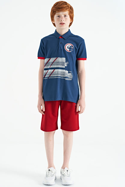Indigo Print Detailed Polo Collar Standard Fit Boys' T-Shirt - 11094