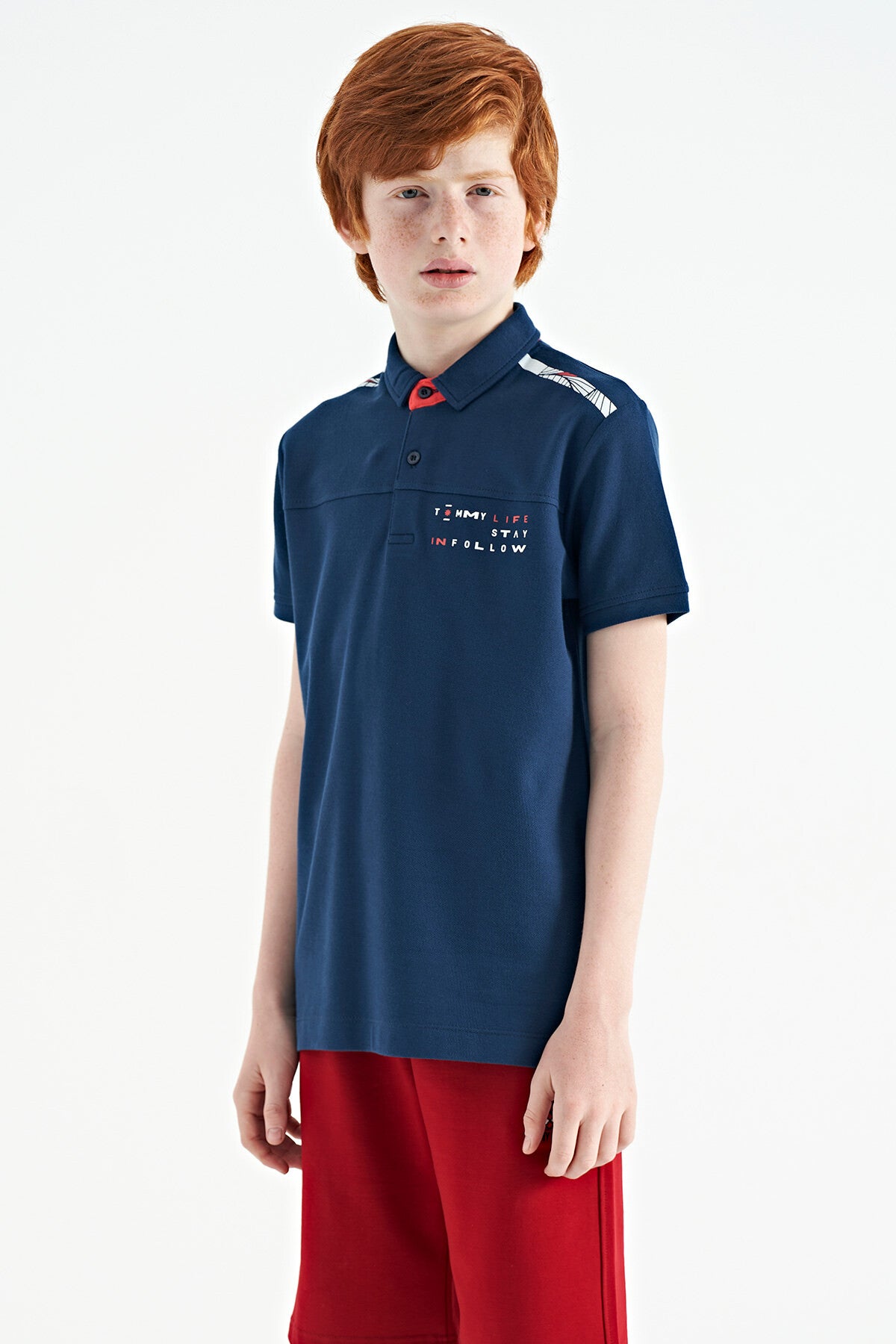 Indigo Print Detailed Standard Fit Polo Collar Boys' T-Shirt - 11140
