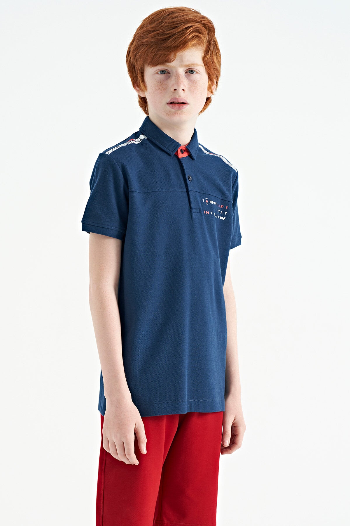 Indigo Print Detailed Standard Fit Polo Collar Boys' T-Shirt - 11140