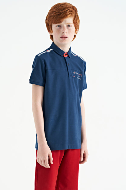 Indigo Print Detailed Standard Fit Polo Collar Boys' T-Shirt - 11140