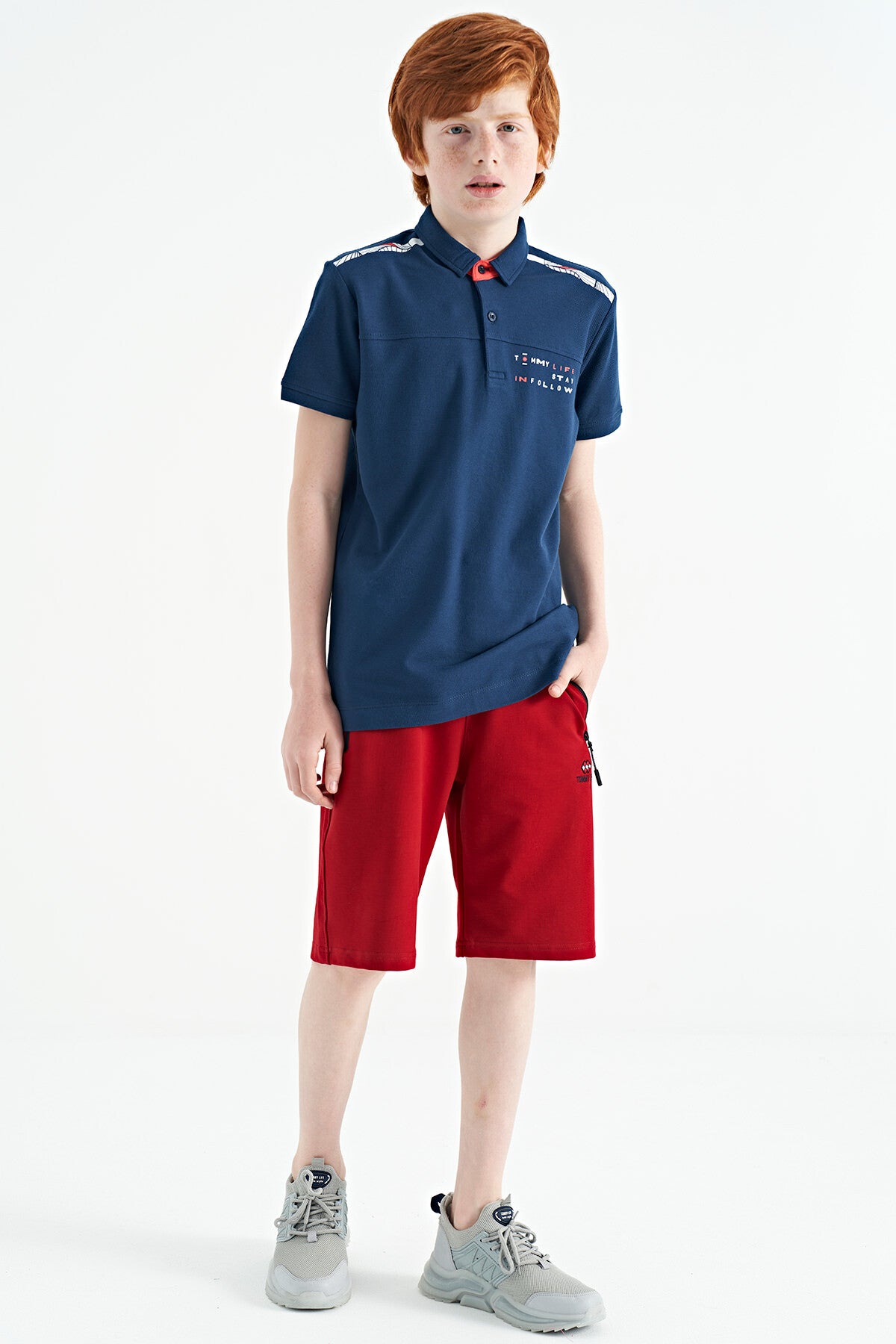 Indigo Print Detailed Standard Fit Polo Collar Boys' T-Shirt - 11140