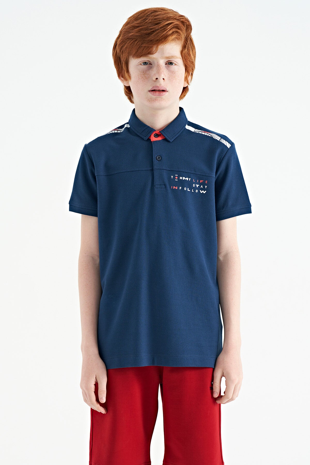 Indigo Print Detailed Standard Fit Polo Collar Boys' T-Shirt - 11140