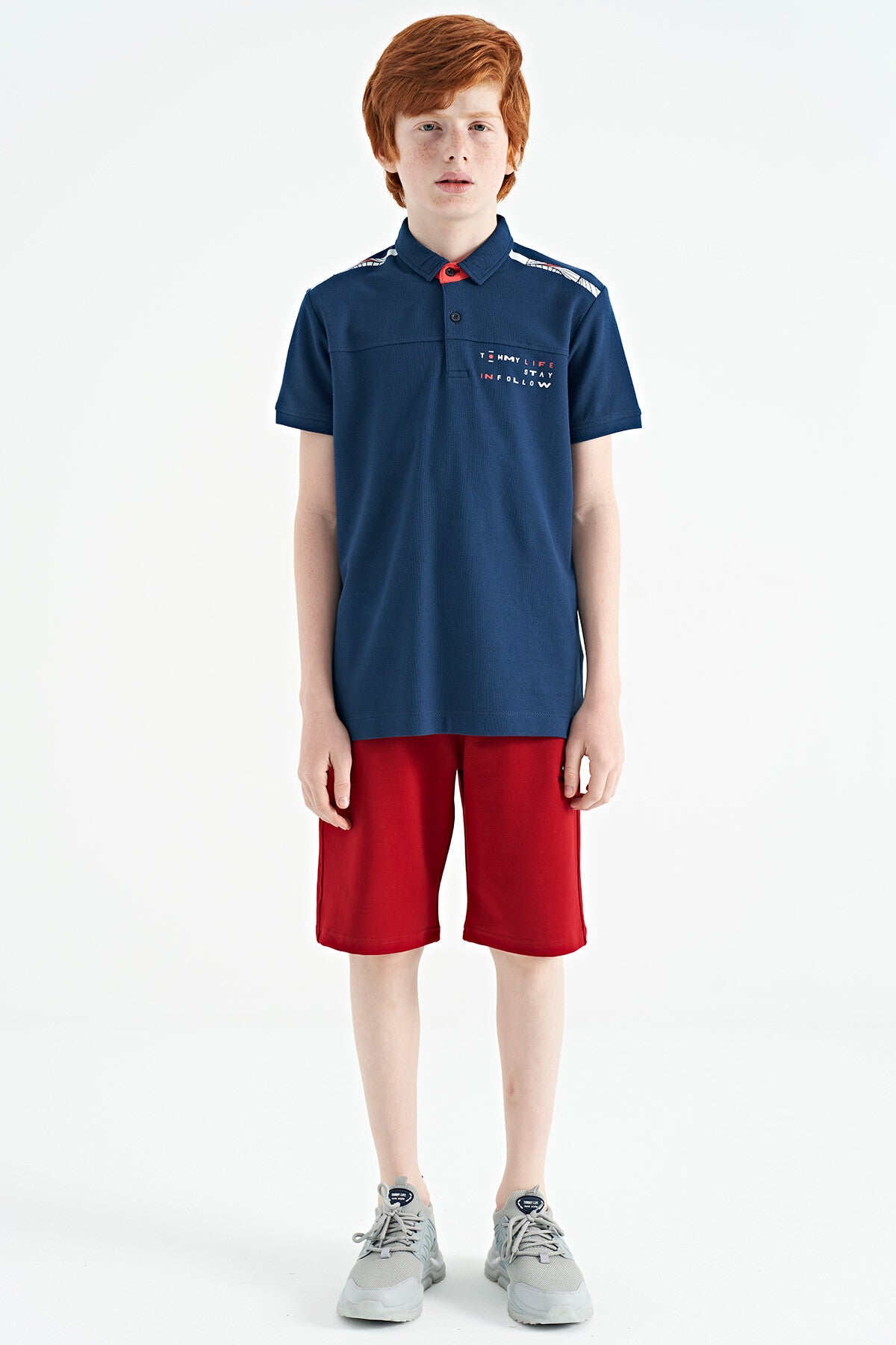 Indigo Print Detailed Standard Fit Polo Collar Boys' T-Shirt - 11140