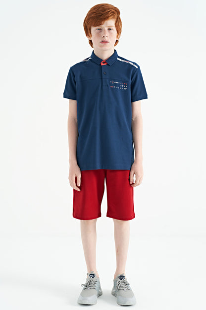 Indigo Print Detailed Standard Fit Polo Collar Boys' T-Shirt - 11140