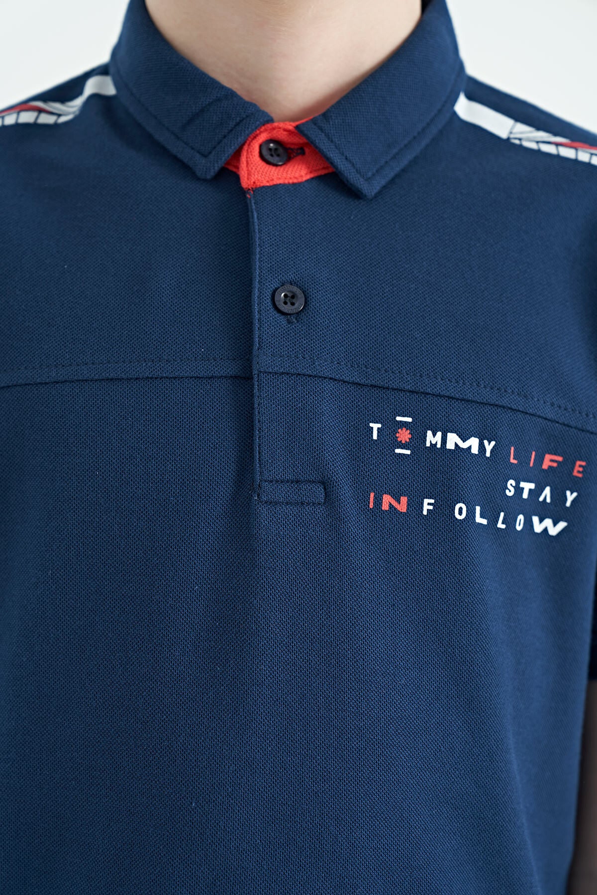 Indigo Print Detailed Standard Fit Polo Collar Boys' T-Shirt - 11140