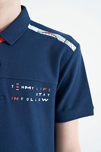 Indigo Print Detailed Standard Fit Polo Collar Boys' T-Shirt - 11140