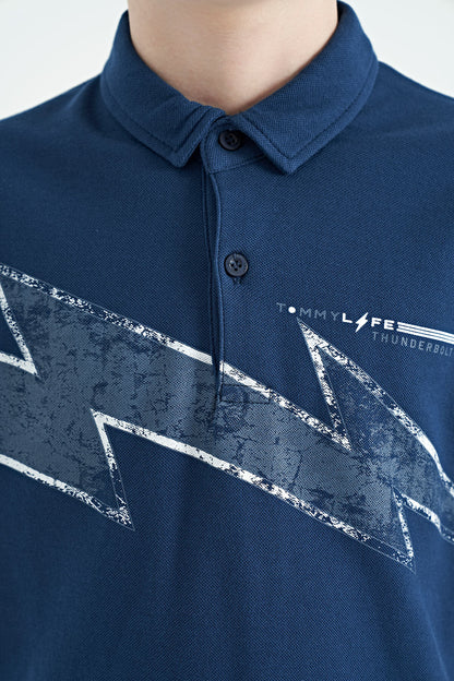 Indigo Print Detailed Standard Fit Polo Collar Boys T-Shirt - 11154