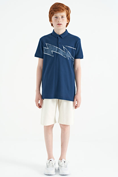 Indigo Print Detailed Standard Fit Polo Collar Boys T-Shirt - 11154