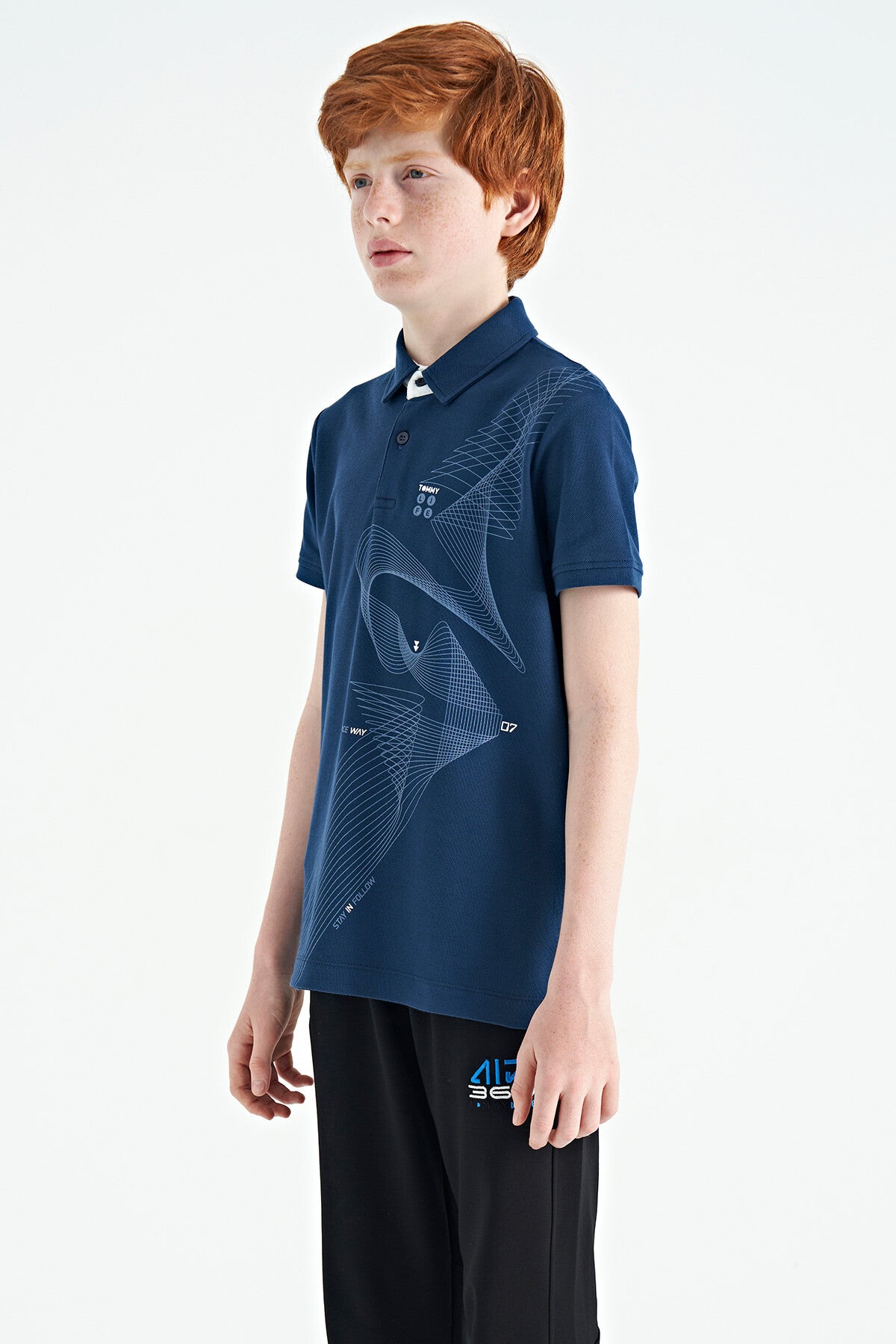 Indigo Print Detailed Standard Fit Polo Collar Boys T-Shirt - 11164