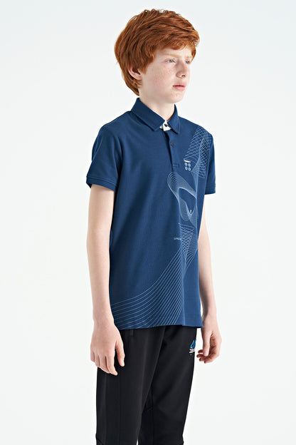 Indigo Print Detailed Standard Fit Polo Collar Boys T-Shirt - 11164