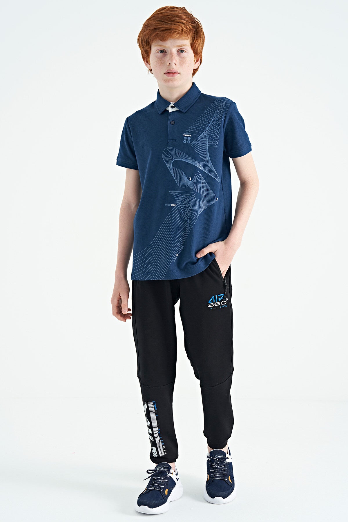 Indigo Print Detailed Standard Fit Polo Collar Boys T-Shirt - 11164