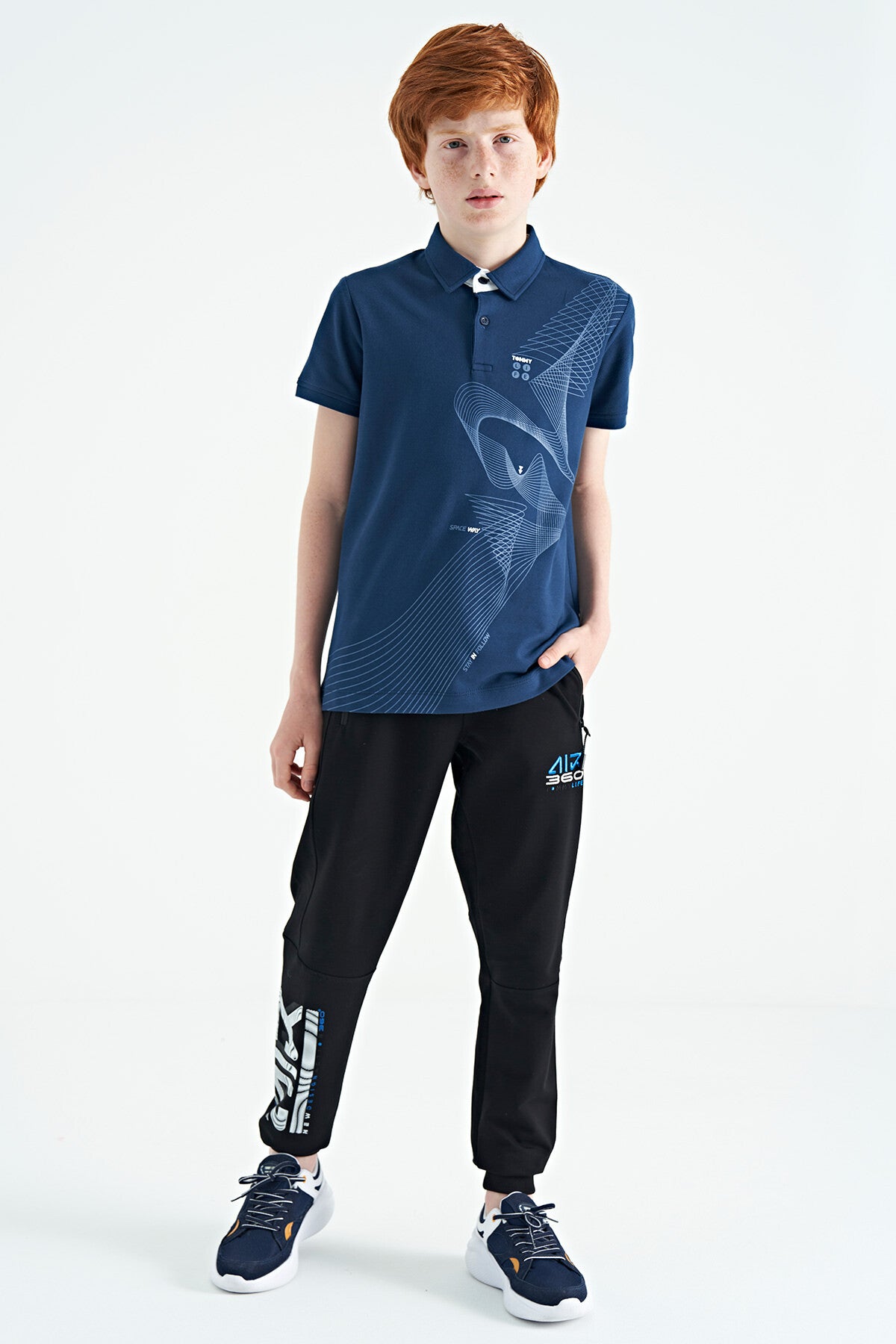 Indigo Print Detailed Standard Fit Polo Collar Boys T-Shirt - 11164