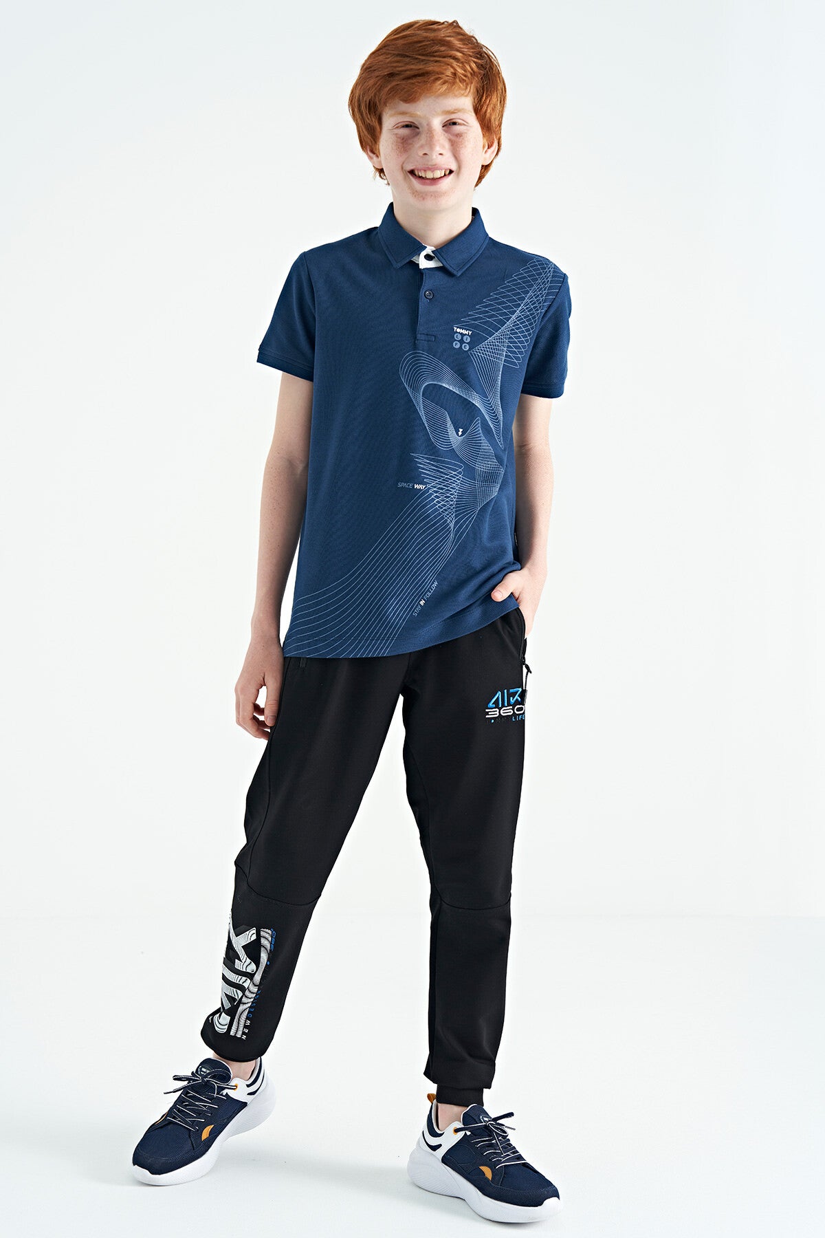 Indigo Print Detailed Standard Fit Polo Collar Boys T-Shirt - 11164