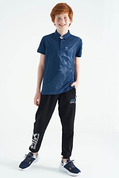 Indigo Print Detailed Standard Fit Polo Collar Boys T-Shirt - 11164