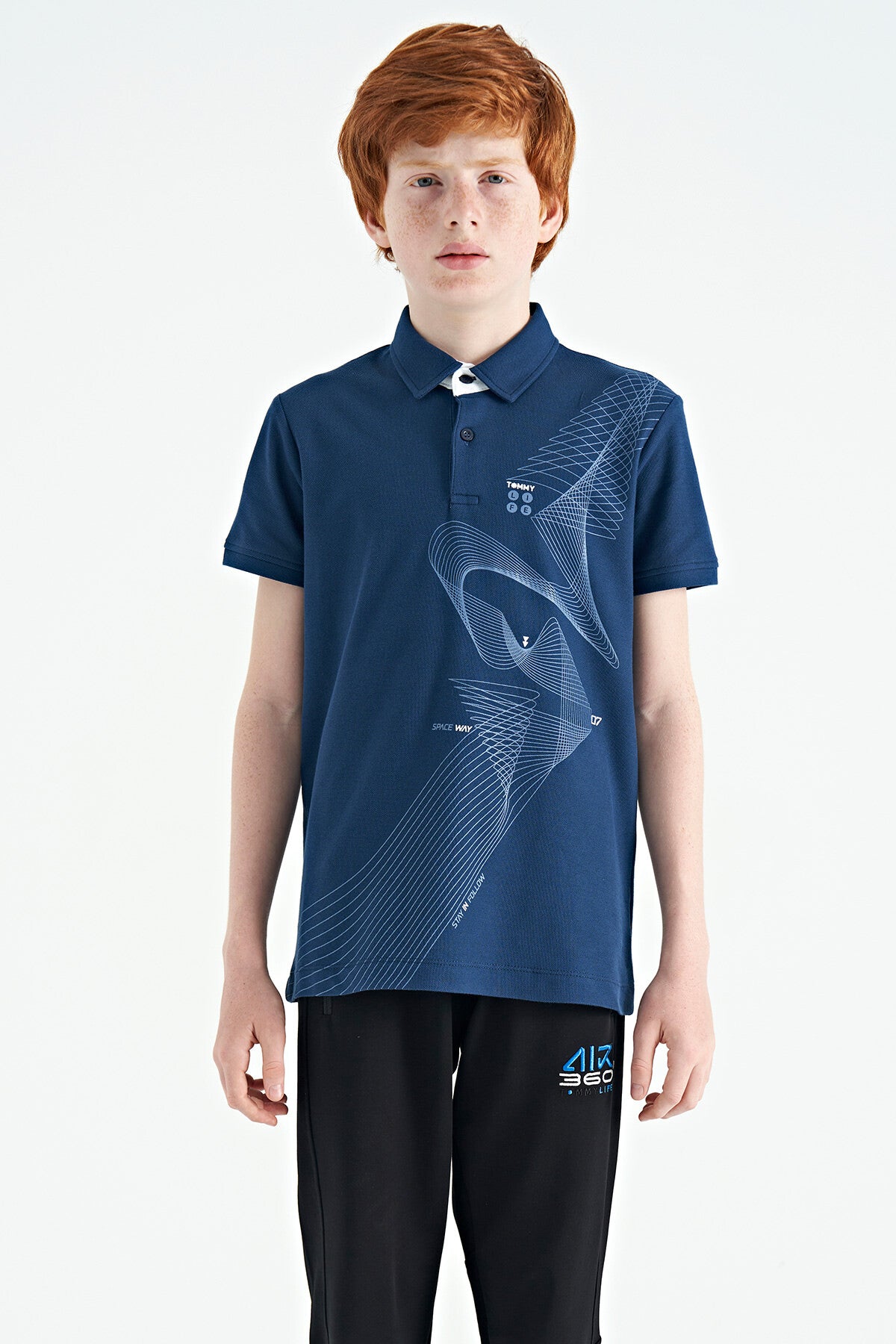 Indigo Print Detailed Standard Fit Polo Collar Boys T-Shirt - 11164