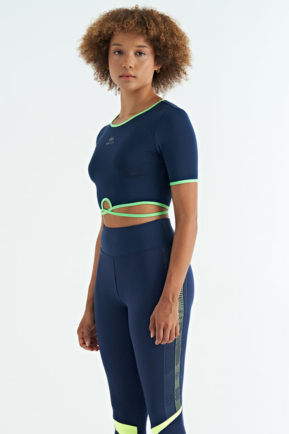 Indigo Tie-Waist Detailed O Neck Standard Fit Diver Fabric Women's Crop T-Shirt - 97266