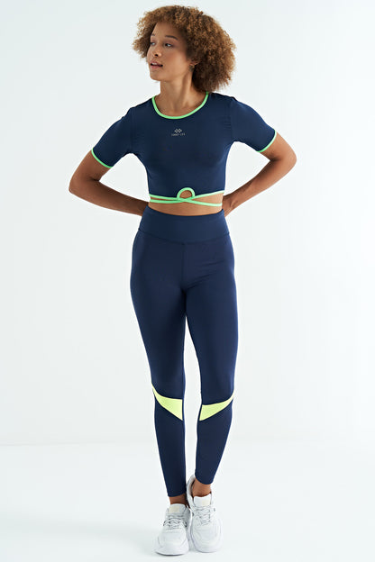 Indigo Tie-Waist Detailed O Neck Standard Fit Diver Fabric Women's Crop T-Shirt - 97266