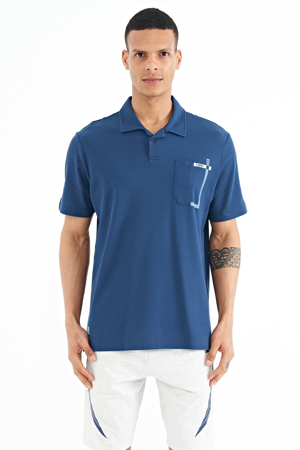 Indigo Chest Detailed Printed Standard Fit Polo Collar Men's T-Shirt - 88241