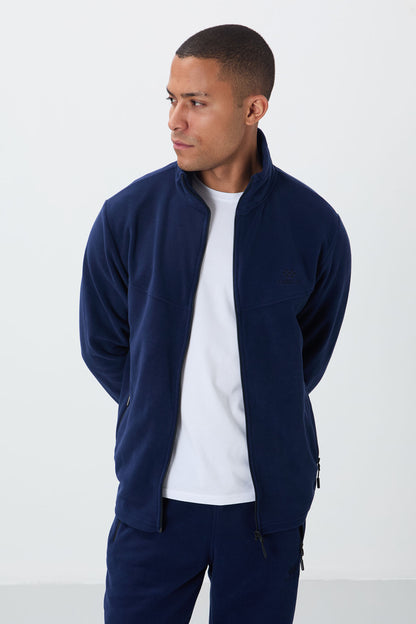 Indigo Blue High Collar Basic Zippered Pocket Standard Fit Men's Fleece Tracksuit Set - 85193