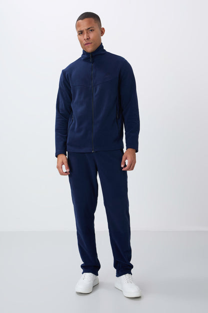 Indigo Blue High Collar Basic Zippered Pocket Standard Fit Men's Fleece Tracksuit Set - 85193