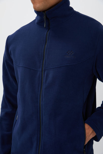 Indigo Blue High Collar Basic Zippered Pocket Standard Fit Men's Fleece Tracksuit Set - 85193