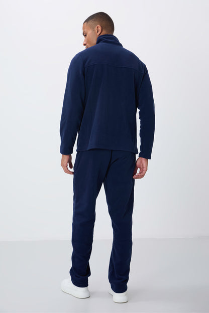 Indigo Blue High Collar Basic Zippered Pocket Standard Fit Men's Fleece Tracksuit Set - 85193