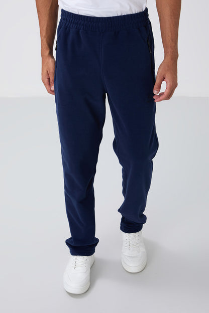 Indigo Blue High Collar Basic Zippered Pocket Standard Fit Men's Fleece Tracksuit Set - 85193