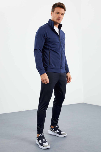 Indigo Blue High Collar Zippered Standard Fit Cuff Men's Tracksuit Set - 85160