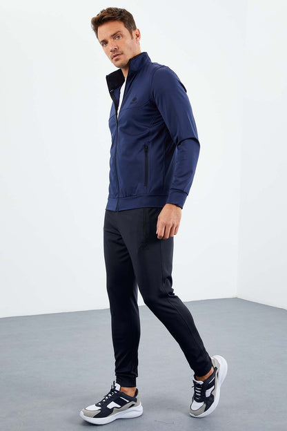 Indigo Blue High Collar Zippered Standard Fit Cuff Men's Tracksuit Set - 85160