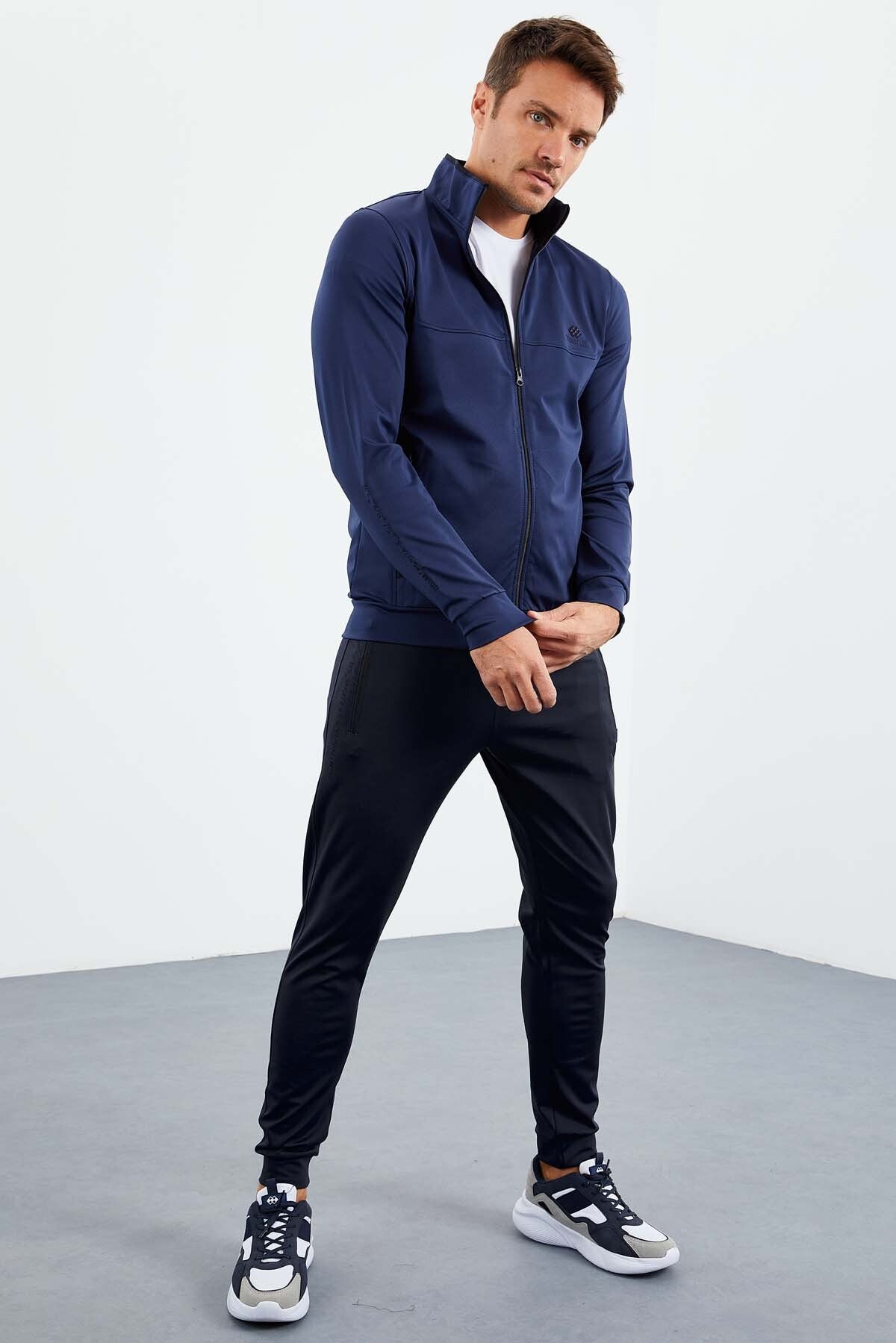 Indigo Blue High Collar Zippered Standard Fit Cuff Men's Tracksuit Set - 85160