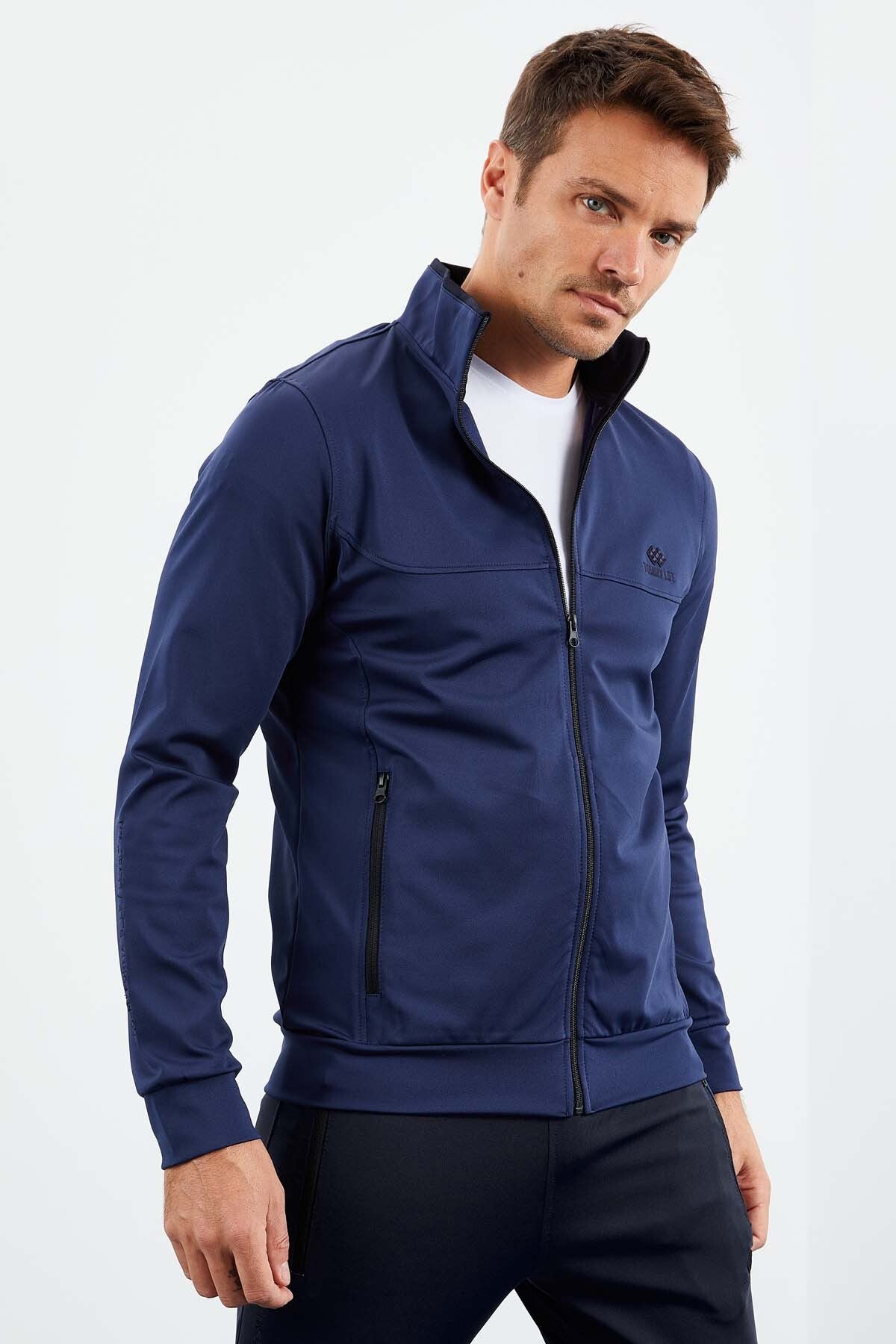 Indigo Blue High Collar Zippered Standard Fit Cuff Men's Tracksuit Set - 85160