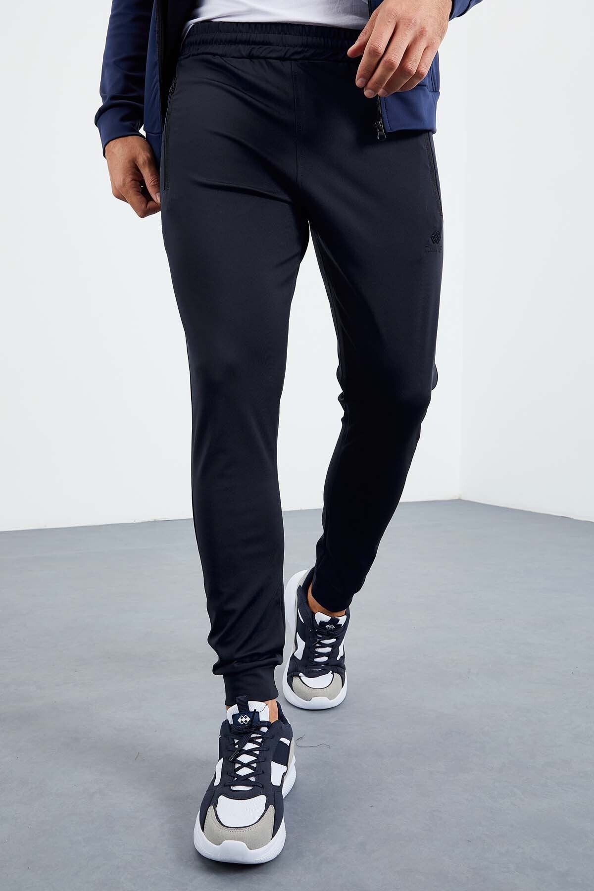 Indigo Blue High Collar Zippered Standard Fit Cuff Men's Tracksuit Set - 85160