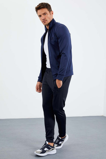 Indigo Blue High Collar Zippered Standard Fit Cuff Men's Tracksuit Set - 85160