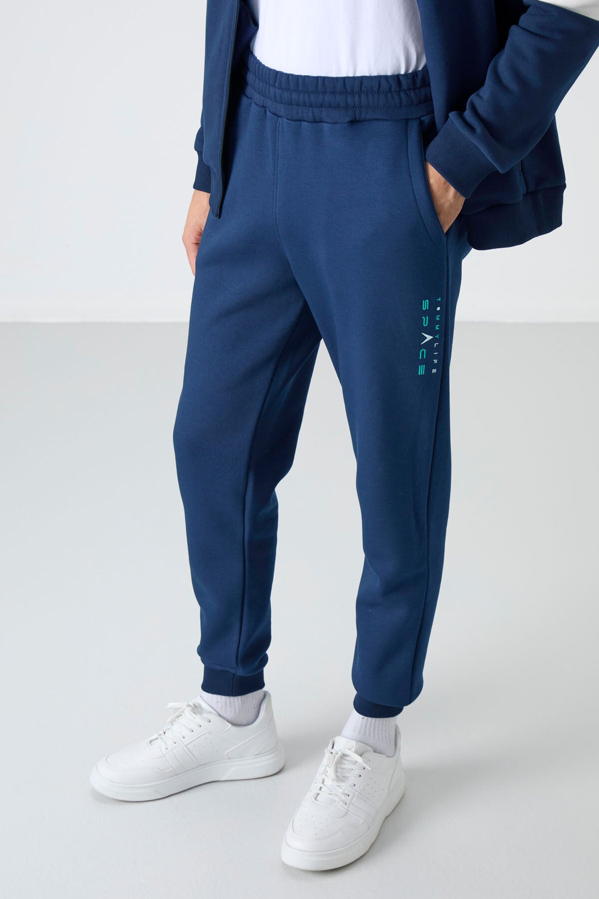 Indigo Stand-Up Collar Color Gradient Fleece-Lined Men's Tracksuit Set - 85186