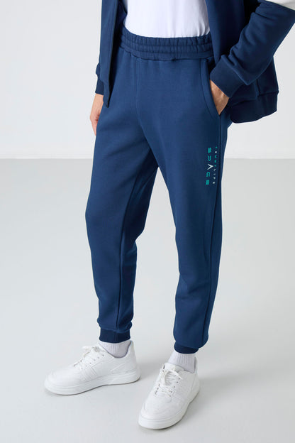 Indigo Stand-Up Collar Color Gradient Fleece-Lined Men's Tracksuit Set - 85186