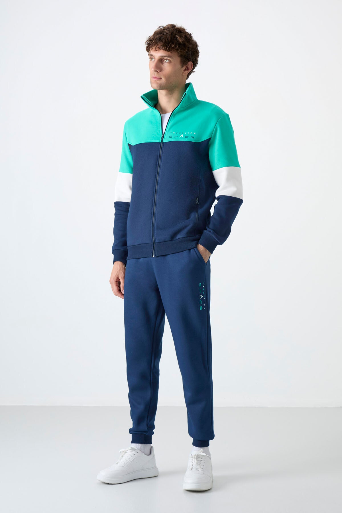 Indigo Stand-Up Collar Color Gradient Fleece-Lined Men's Tracksuit Set - 85186