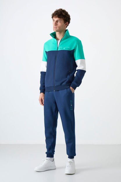 Indigo Stand-Up Collar Color Gradient Fleece-Lined Men's Tracksuit Set - 85186
