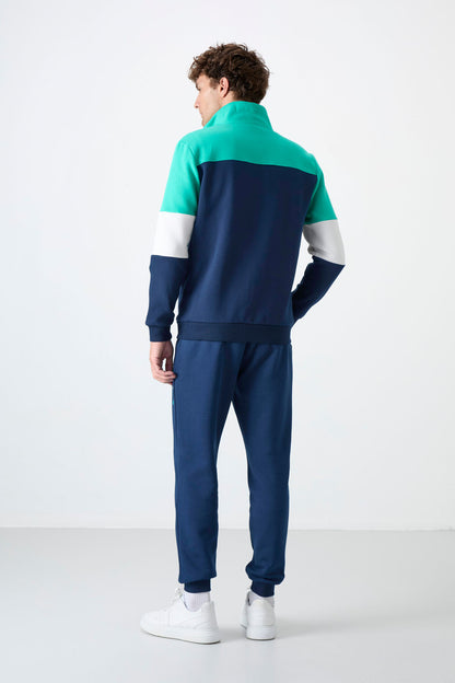 Indigo Stand-Up Collar Color Gradient Fleece-Lined Men's Tracksuit Set - 85186