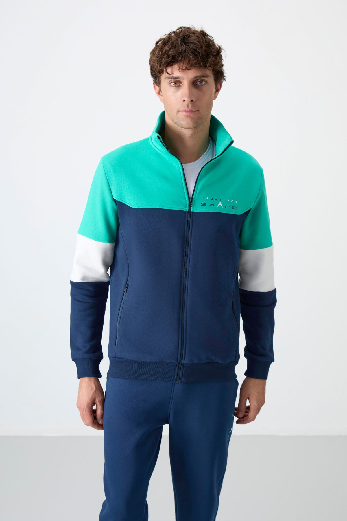 Indigo Stand-Up Collar Color Gradient Fleece-Lined Men's Tracksuit Set - 85186